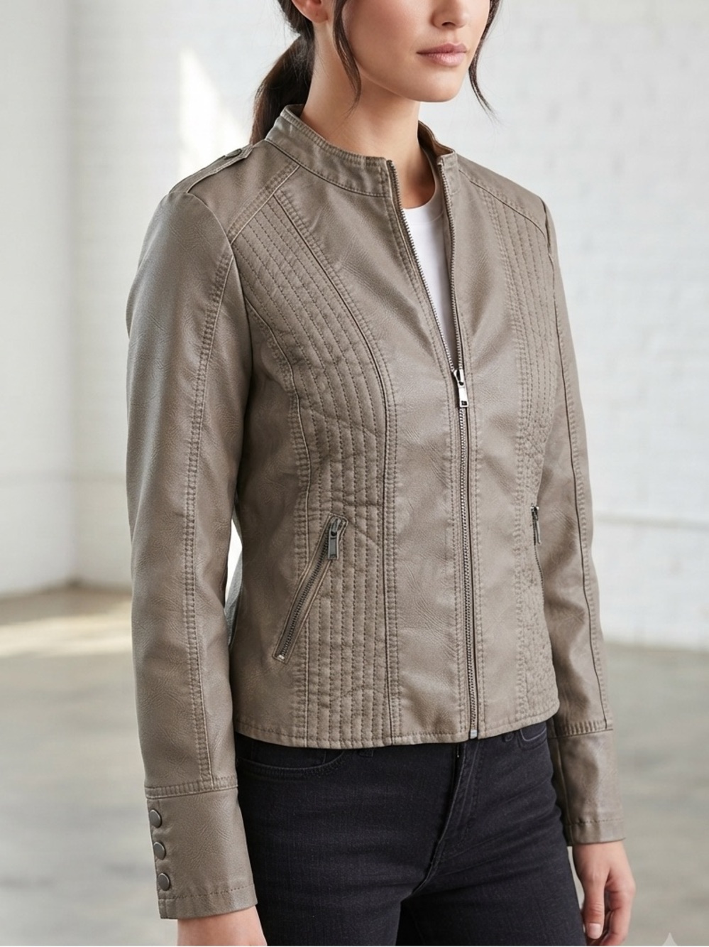 Collection B Taupe Faux Leather Moto Jacket